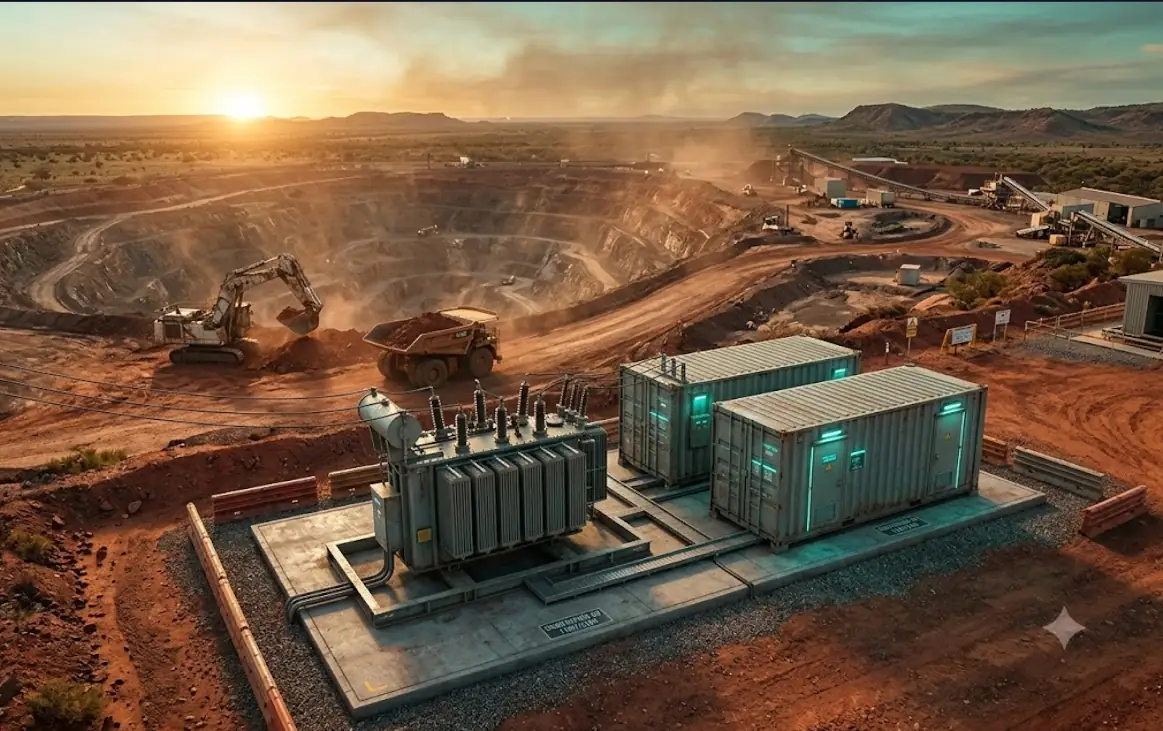 Skid-mounted substation on a concrete pad at a remote open-pit mine at sunset: an oil-filled transformer with HV bushings beside two containerised switchrooms, with an excavator and haul truck working the pit behind.