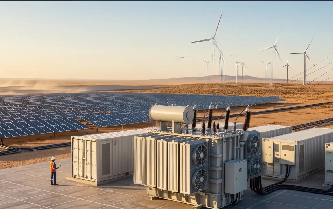 Grid connection compound at a solar and wind farm, with a radiator-cooled power transformer and containerised switchrooms in front of solar arrays and wind turbines.